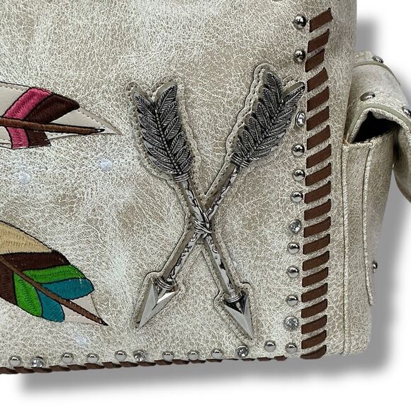 Tan Western Tooled Leather Embroidered Feather & Arrow Western Boho Shoulder Bag - Picture 9 of 9